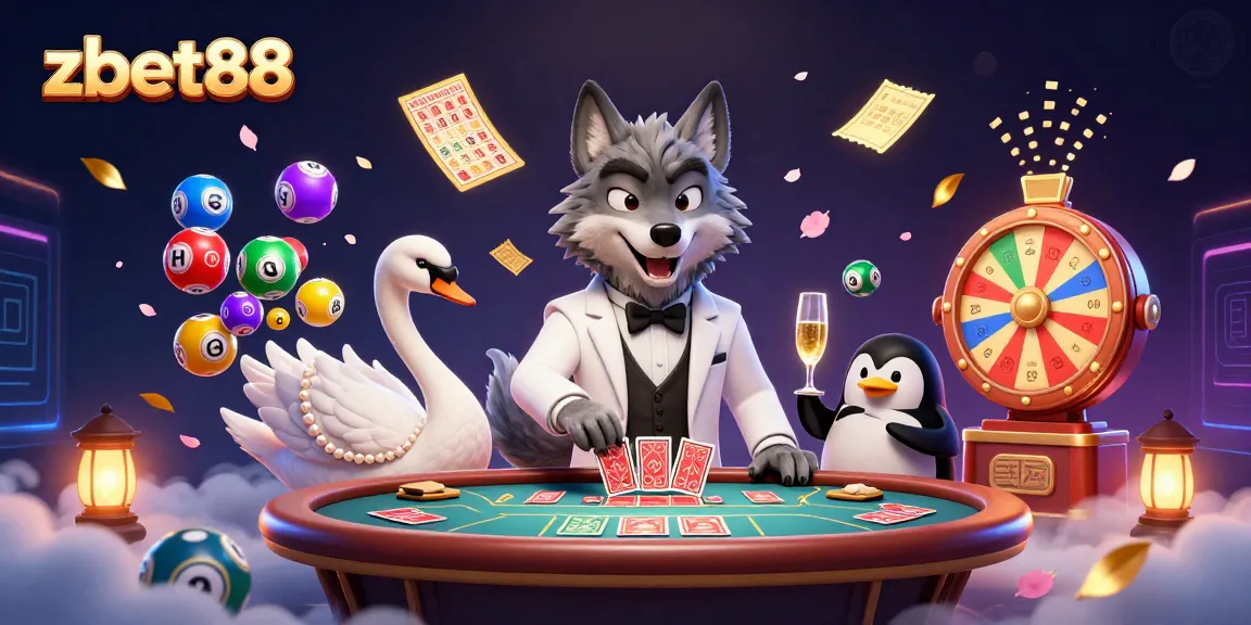 Play exhilarating games with zbet88 as a debonair wolf bets at baccarat with friends in a vibrant casino scene.