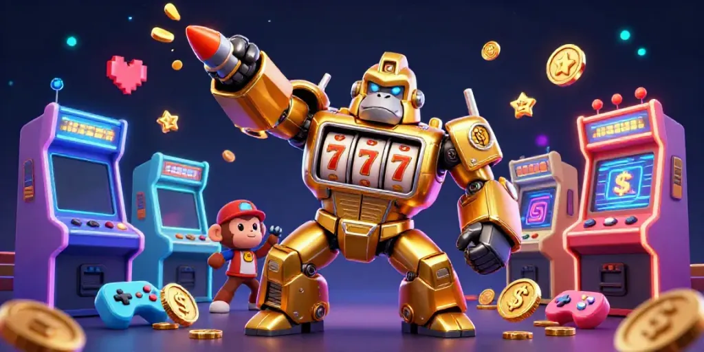 Experience the excitement of mm88 with a dynamic golden gorilla mech surrounded by vibrant casino elements.