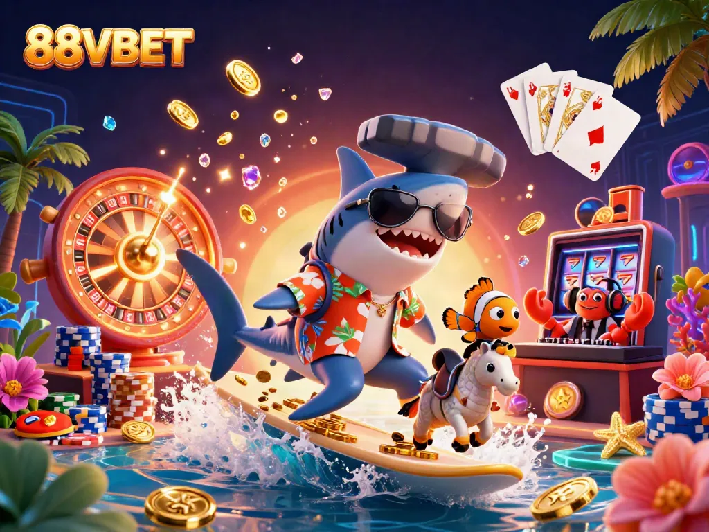 Experience thrilling wins with 88VBET in this vibrant casino scene featuring a shark and colorful game elements.