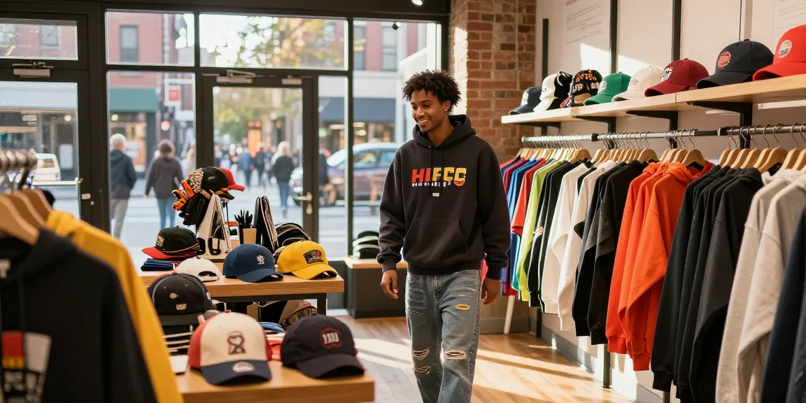 Branded hoodies showcased in a stylish urban clothing store, highlighting contemporary fashion trends.