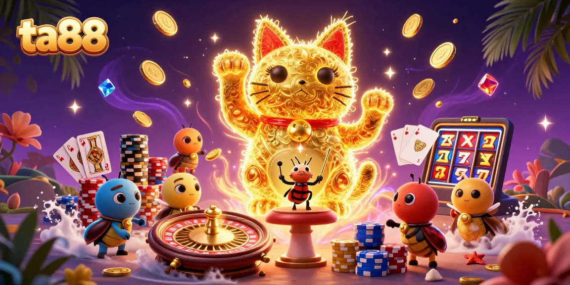 Experience the excitement of ta88 with vibrant casino-themed elements and a lucky cat illustration.