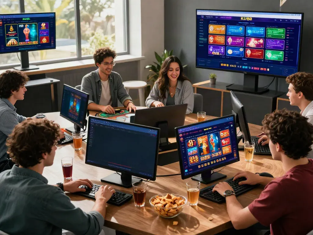 Players enjoying diverse games on https://ku88v1.com/ in a vibrant digital gambling scene, showcasing excitement and engagement.