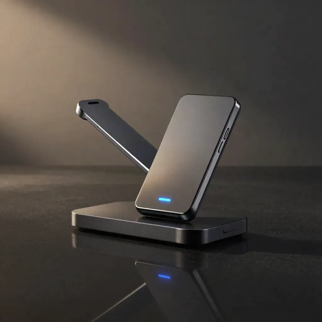 Floating gateway payment module with NFC reader and cable spine over charcoal haze.