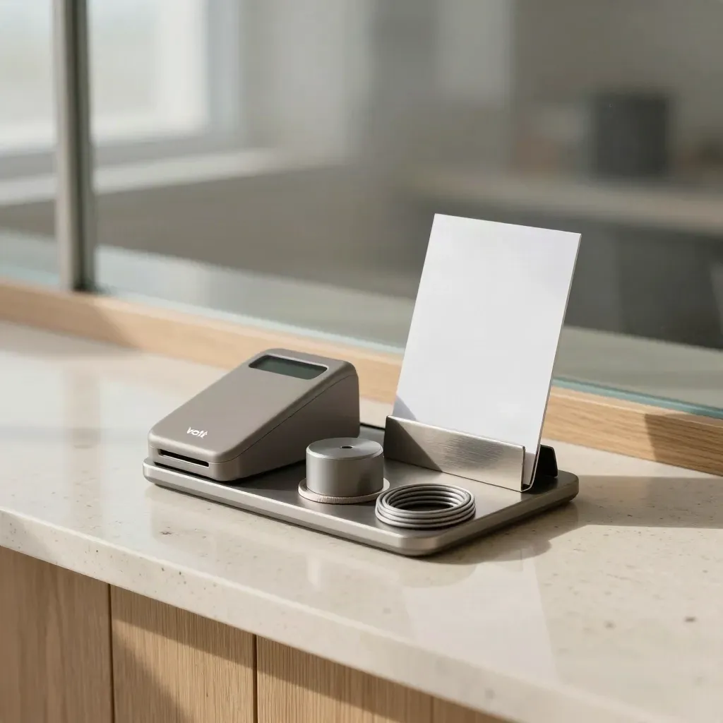 Gateway setup kit on a quartz counter in soft window light, with a minimalist fintech nook behind.