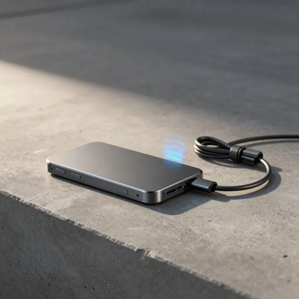 Tap-to-pay reader and cable coil on concrete with a blue reflection.