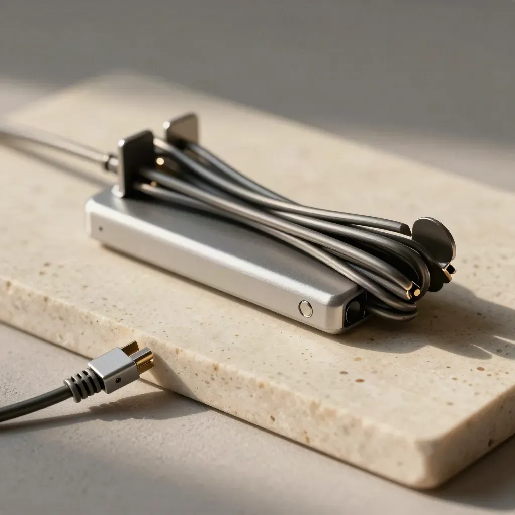 Checkout-link device and cable coil on travertine in soft studio light