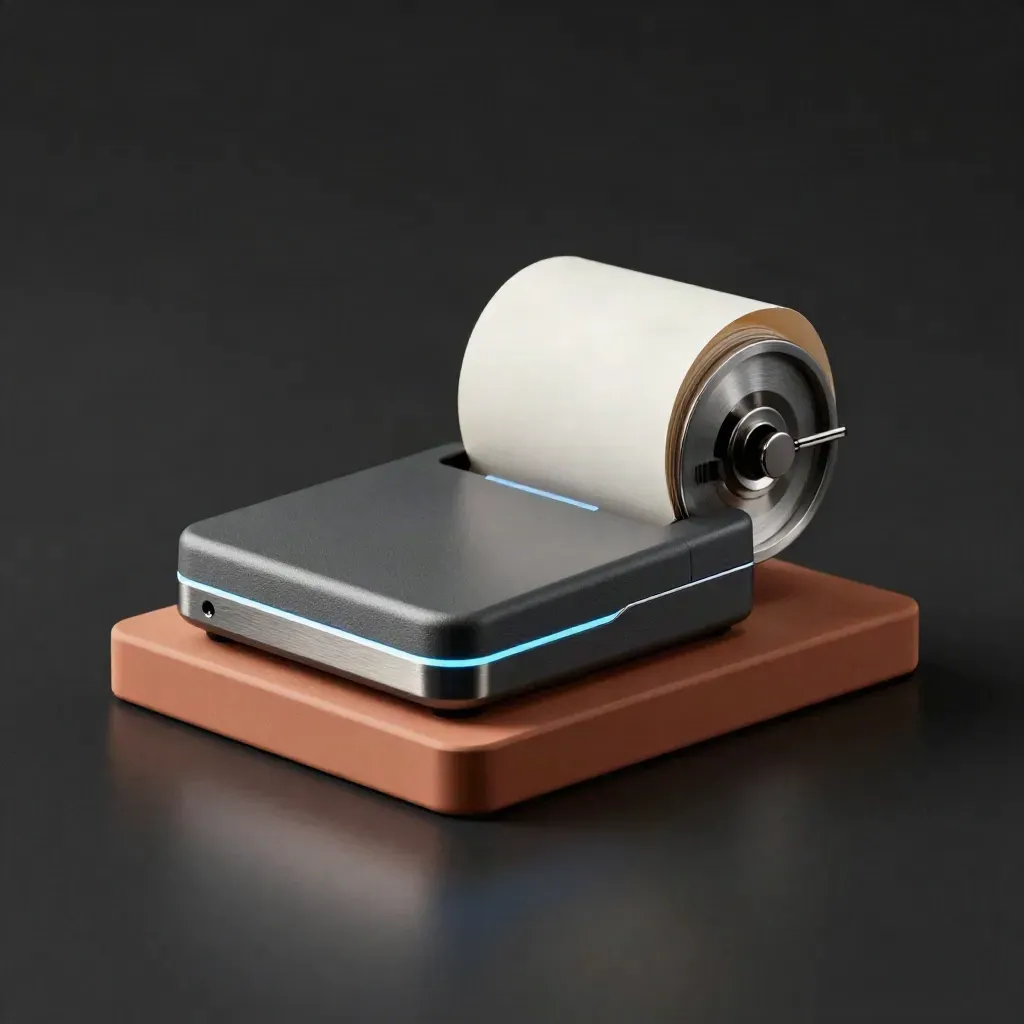Compact terminal, receipt roll and folded invoice papers on a dark counter with blue rim light.