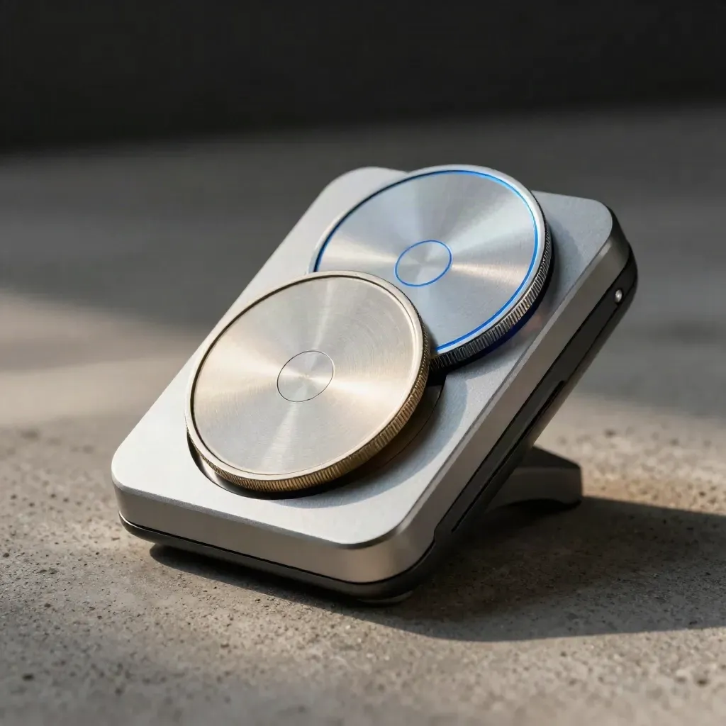 Brushed payment core with three metallic currency discs on concrete, lit with blue reflections