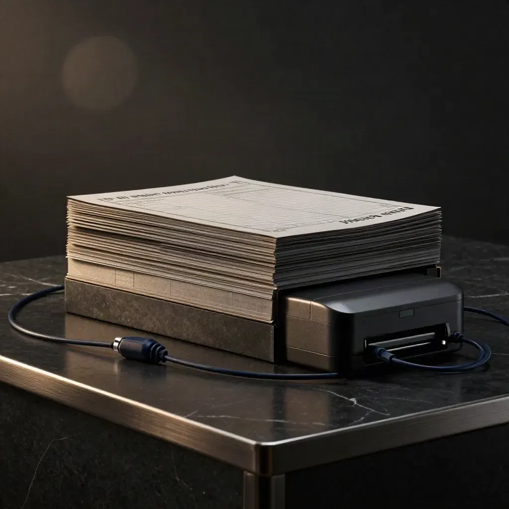 Dark studio product shot of a payout reporting pack with printer base and cable.