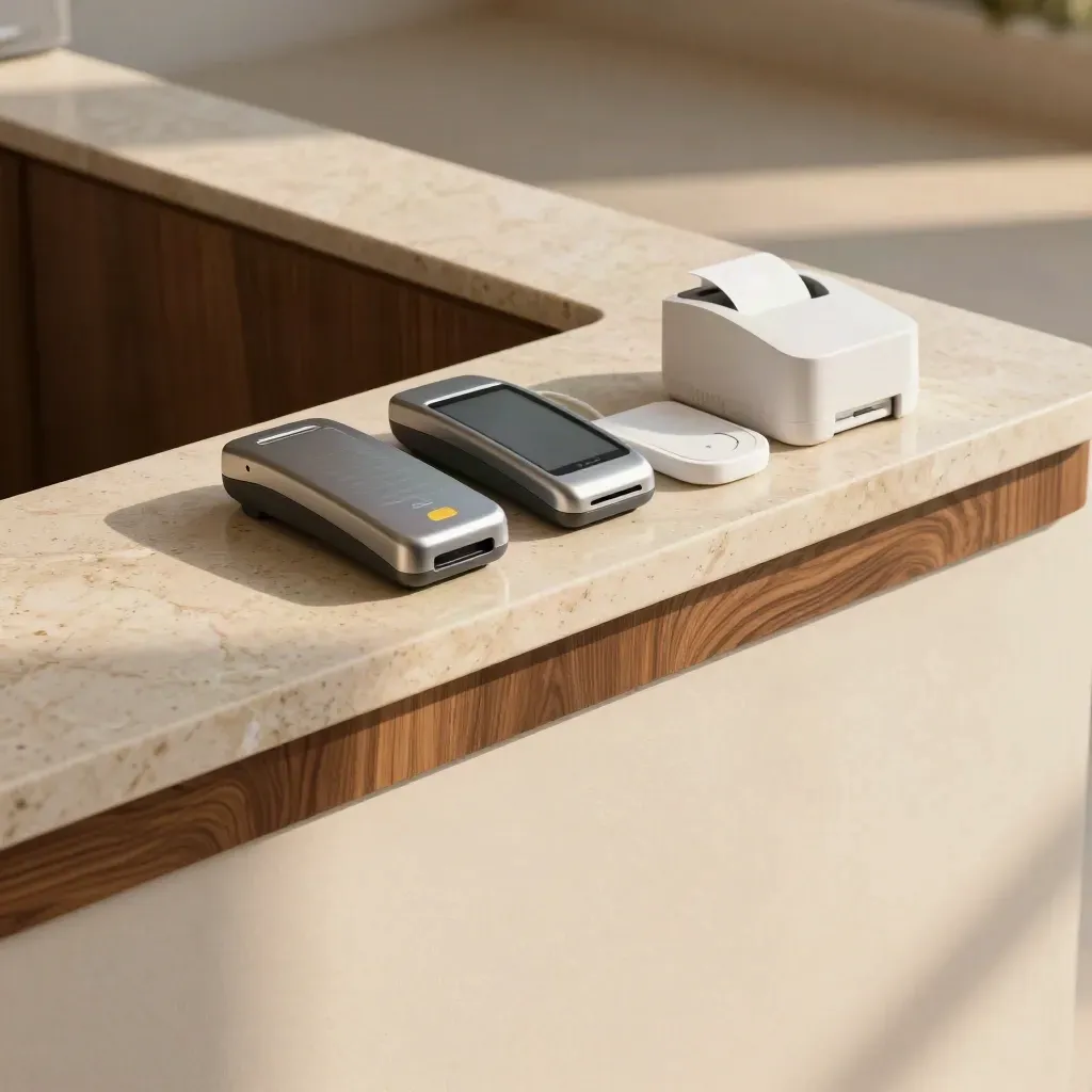 Sunlit travertine ledge with payment tools above calm copy space