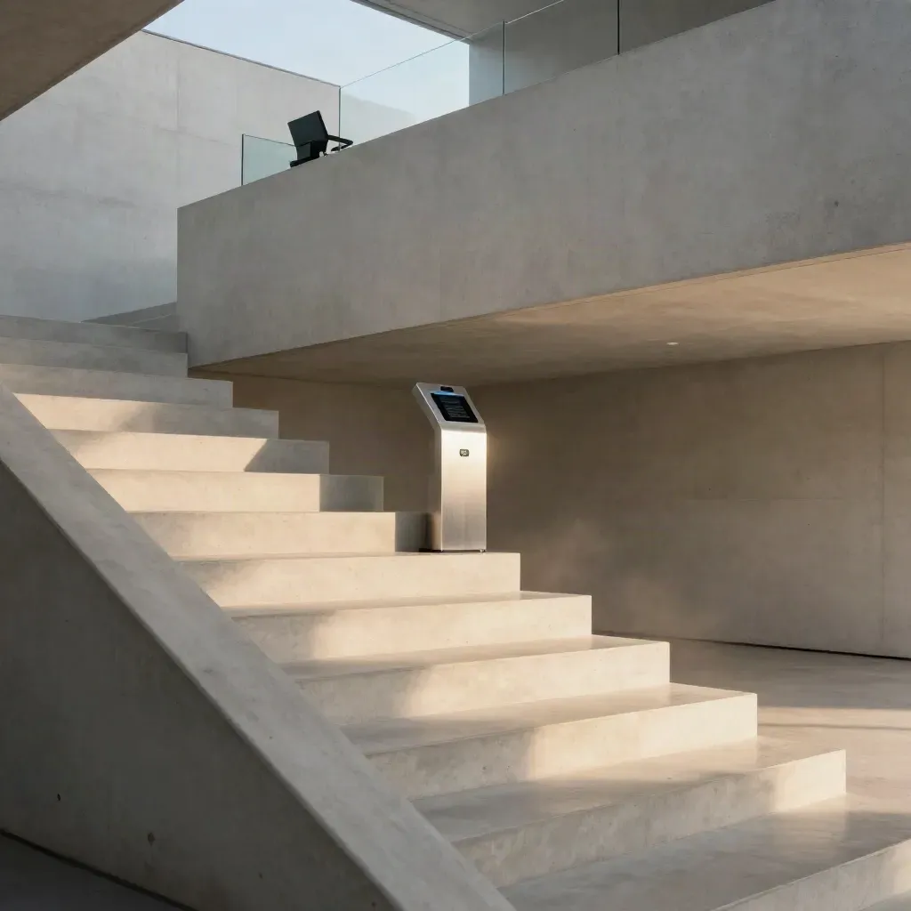 Sunlit concrete stair hall with silver payment kiosk on the upper landing, calm space below