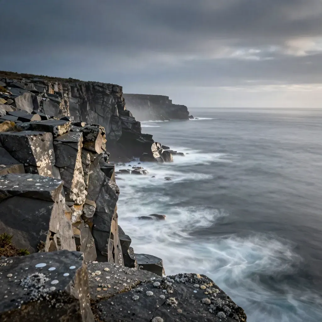 Windy rocky coast with spray, blurred cliff edge, and calm silver surf under hazy light.