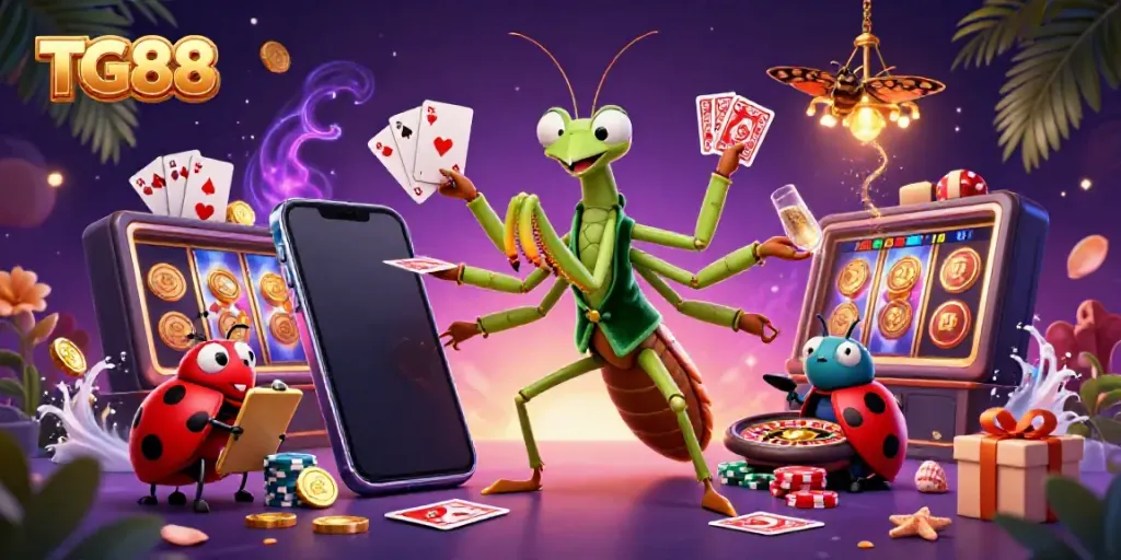 Experience excitement at TG88 with a giant praying mantis card sharp and ladybug pit boss in a vibrant casino scene.