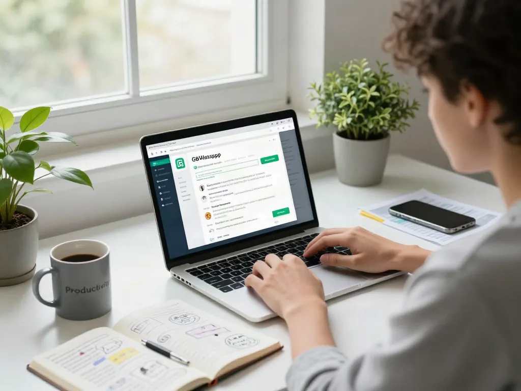Professional workspace with GBWhatsApp app displayed on laptop, showcasing productivity and innovation.