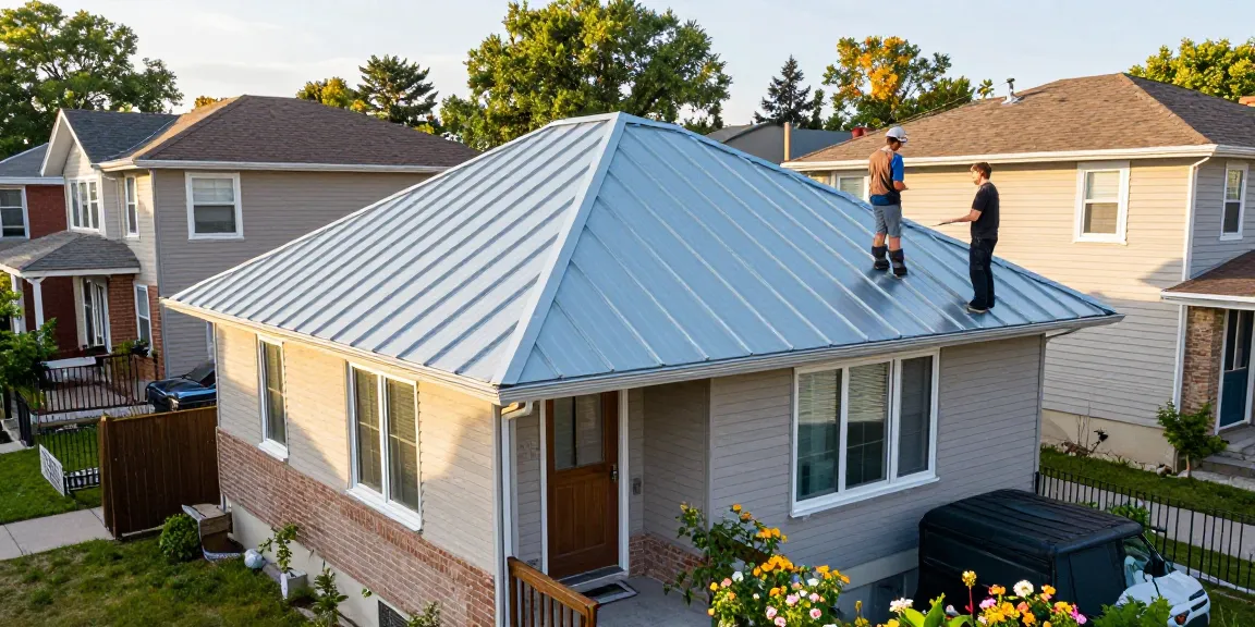 Steel roofing Ontario installation process with homeowner discussing benefits with professional roofer.