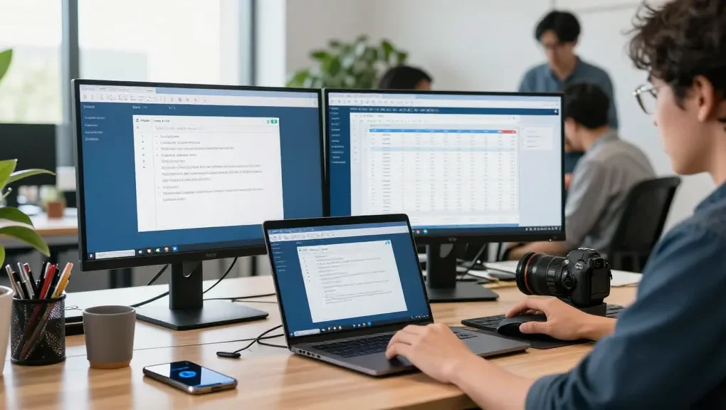 WPS Download showcased in a modern office setup with a developer using WPS Office on multiple screens.