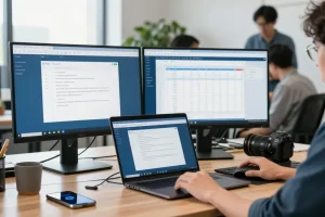WPS Download showcased in a modern office setup with a developer using WPS Office on multiple screens.