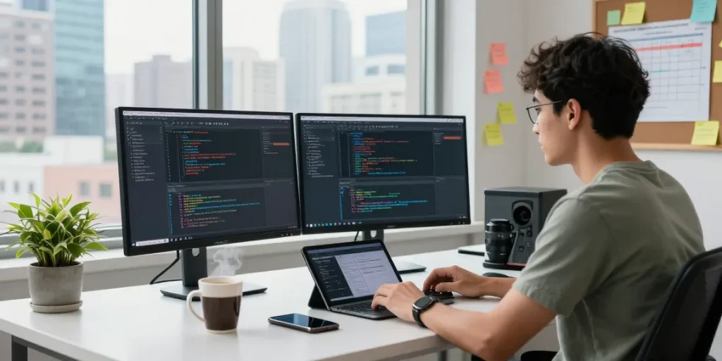 WPS Download process in a professional workspace scene with developer coding.