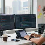 WPS Download process in a professional workspace scene with developer coding.