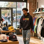 Branded hoodies showcased in a stylish urban clothing store, highlighting contemporary fashion trends.