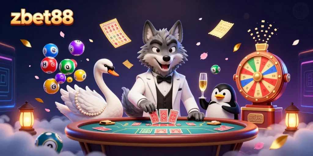 Play exhilarating games with zbet88 as a debonair wolf bets at baccarat with friends in a vibrant casino scene.