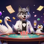 Play exhilarating games with zbet88 as a debonair wolf bets at baccarat with friends in a vibrant casino scene.